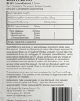 An image of the back label for the kanna extract company BLISS kanna extract powder 1 gram made from pure sceletium tortuosum ethically cultivated in South Africa. The label provides the mesembrine alkaloid quantities, instructions, warnings, bulk wholesale pricing for organic kanna extract.