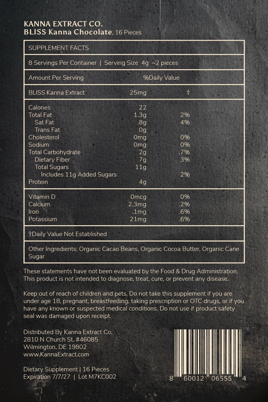 An image of the back package label for Kanna Extract Company’s organic Bliss Kanna Chocolate made from pure Sceletium tortuosum, Organic Cacao Beans, Organic Cocoa Butter and Organic Cane Sugar. The label provides the supplement facts, serving size, instructions, warnings, bulk and wholesale pricing for Kanna extract.