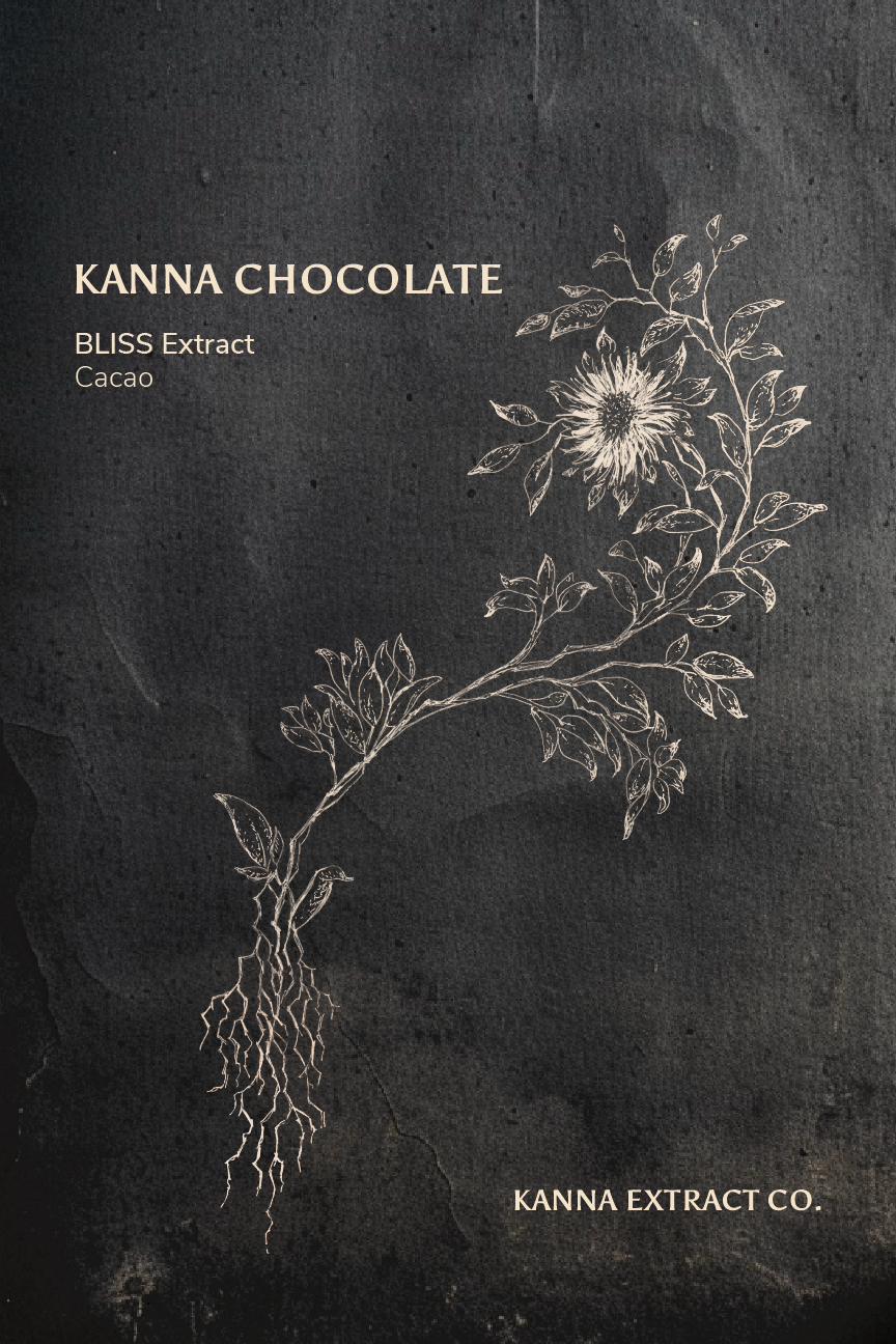 The front label of Kanna Extract Company’s organic Kanna Chocolate containing the Bliss Extract and organic Cacao which are available for purchase and offered wholesale or bulk.