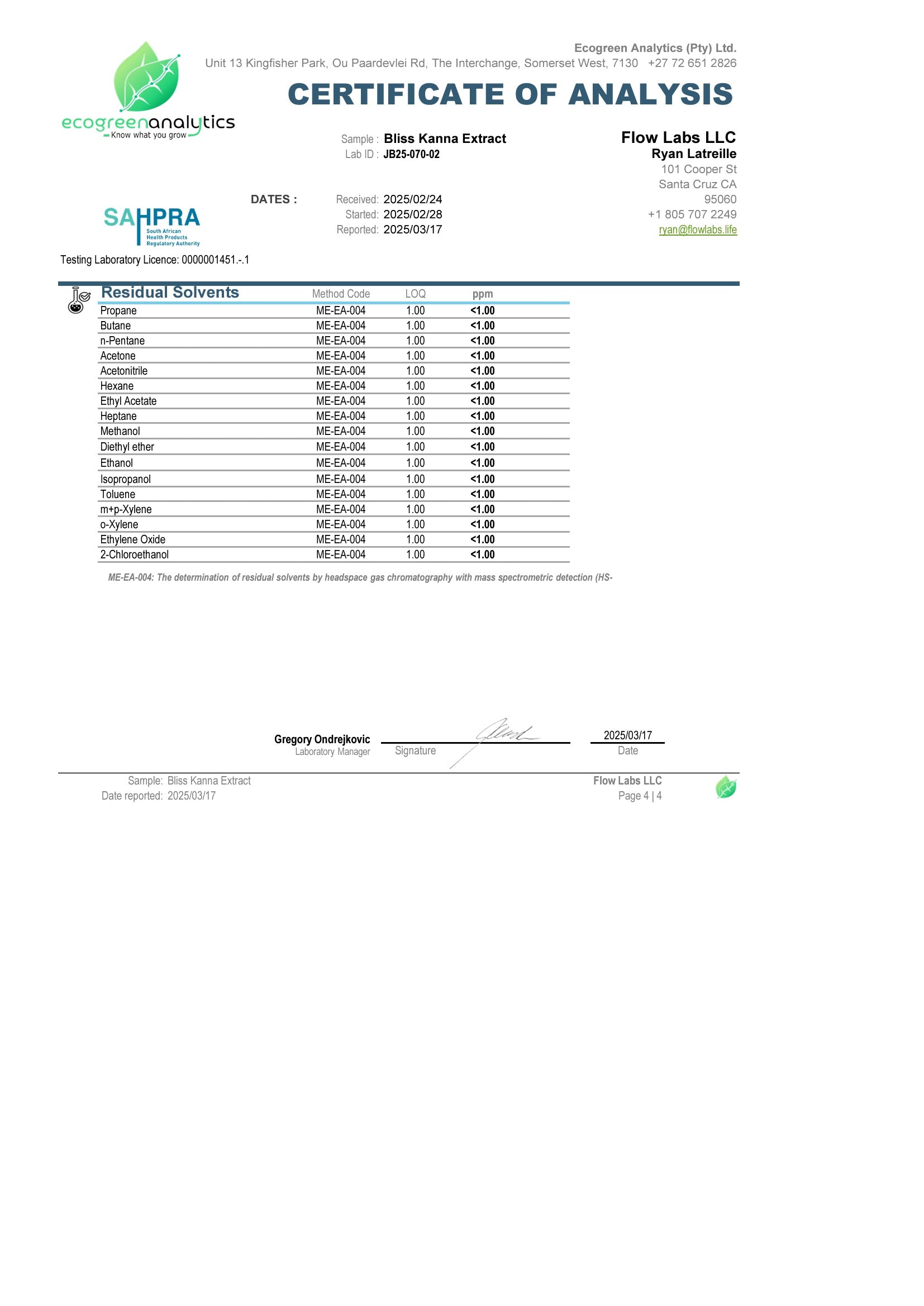 Certificate of Analysis for Bliss Kanna Extract residual solvents panel showing all solvents including butane, ethanol, methanol, and hexane tested below 1.00 ppm. Verified by headspace gas chromatography for compliance with pharmaceutical-grade solvent standards.