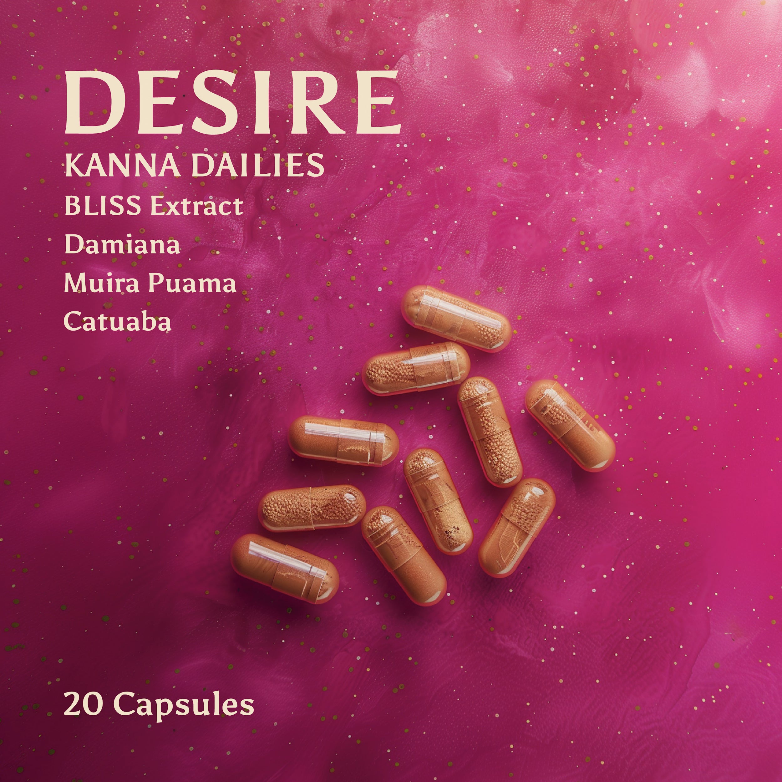 An image of Kanna Extract Company’s earth toned Desire Kanna daily capsules on a vibrant pink background with text reading, organic Sceletium tortuosum, Damiana, Muria Puama and Catuaba. Desire Kanna Dailies include 20 capsules and are available for bulk or wholesale orders.