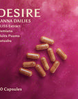 An image of Kanna Extract Company’s earth toned Desire Kanna daily capsules on a vibrant pink background with text reading, organic Sceletium tortuosum, Damiana, Muria Puama and Catuaba. Desire Kanna Dailies include 20 capsules and are available for bulk or wholesale orders.