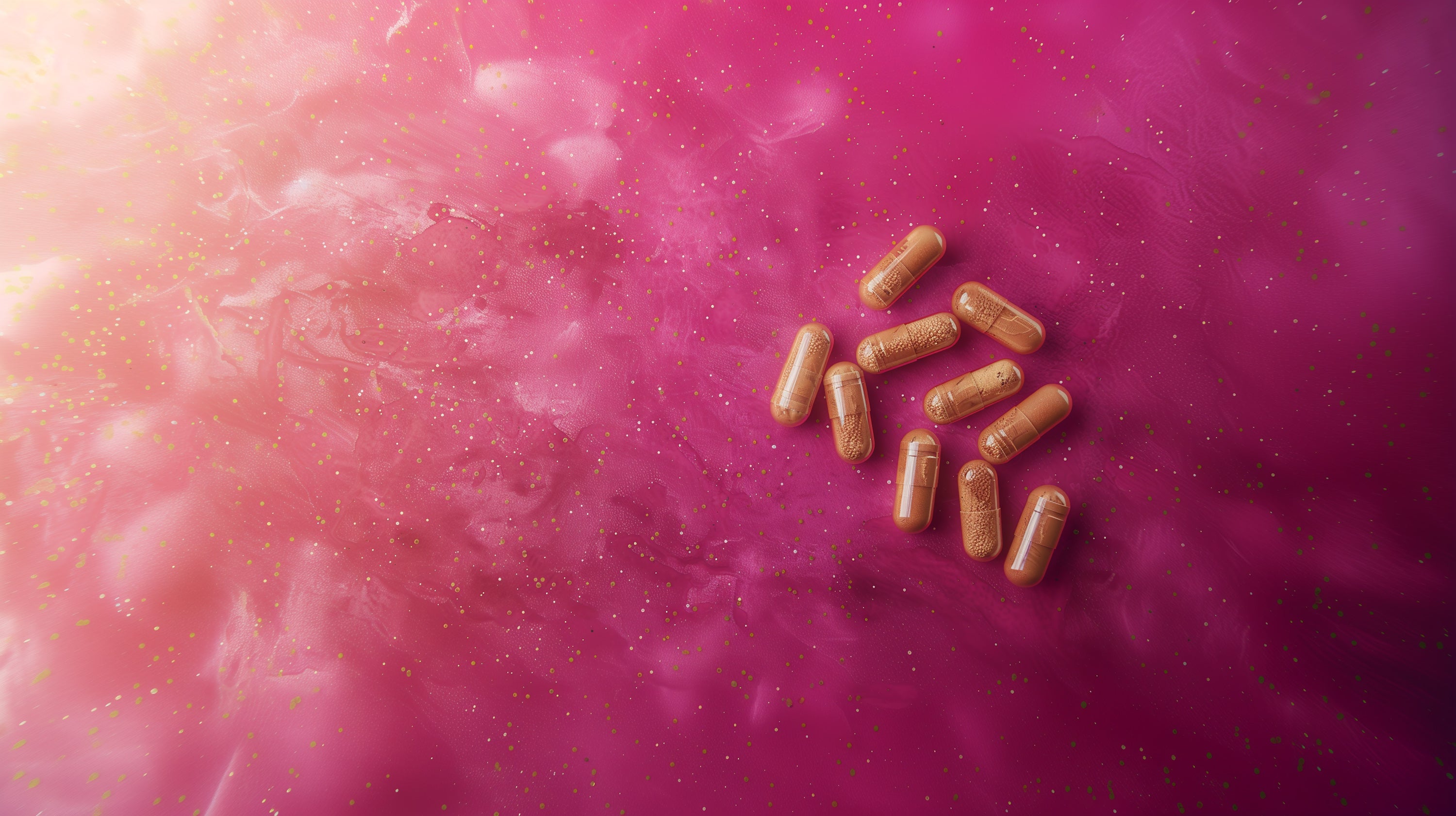 Desire Kanna Dailies capsules from Kanna Extract Co. on a pink satin background with gold shimmer