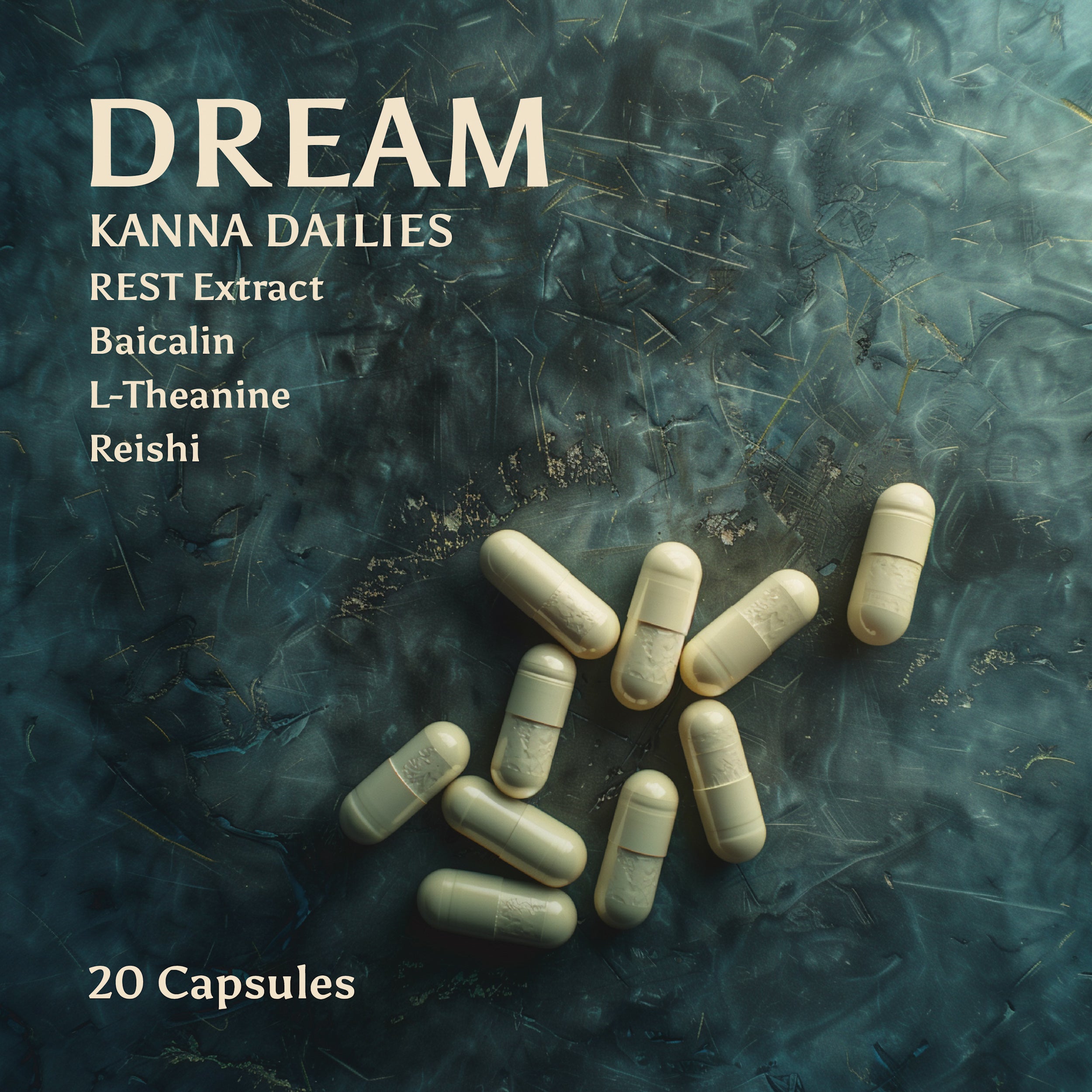 An image of Kanna Extract Company’s off-white colored Dream daily capsules on a dark granite background. Text reads ingredients of organic Sceletium tortouosum, Rest organic Kanna Extract, Baicalin, L-Theanine and Reishi. 20 Capsules included and Dream Kanna Dailies are a available for sale bulk and wholesale.