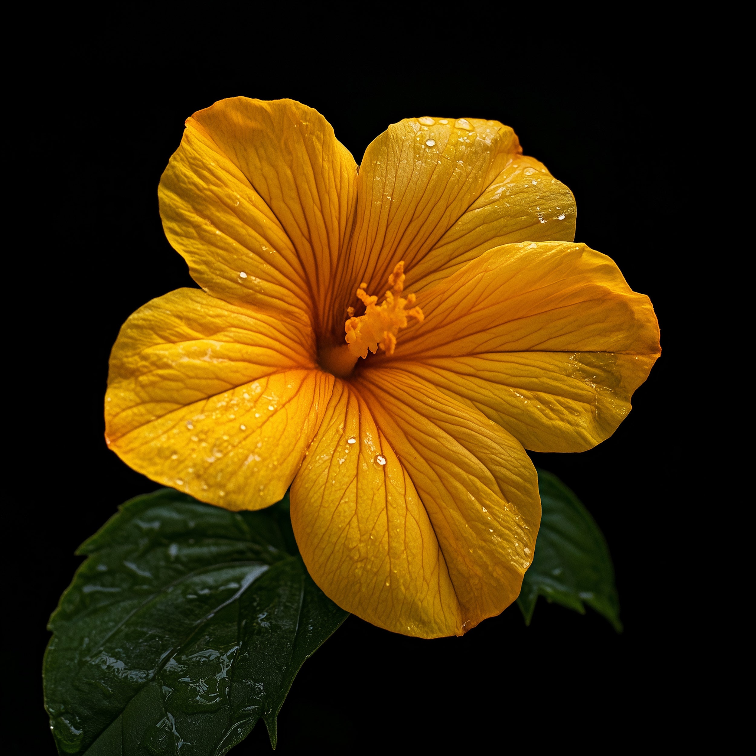 Damiana flower used in Desire Kanna Dailies from Kanna Extract Co., shown with dew on vibrant yellow petals and dark green leaves.