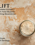 Kanna Extract Company LIFT sceletium tortuosum extract powder on rough earth tone background with text reading lift your mood and feel happy, 15% total alkaloids 13% mesembrine, contains x40 25mg servings