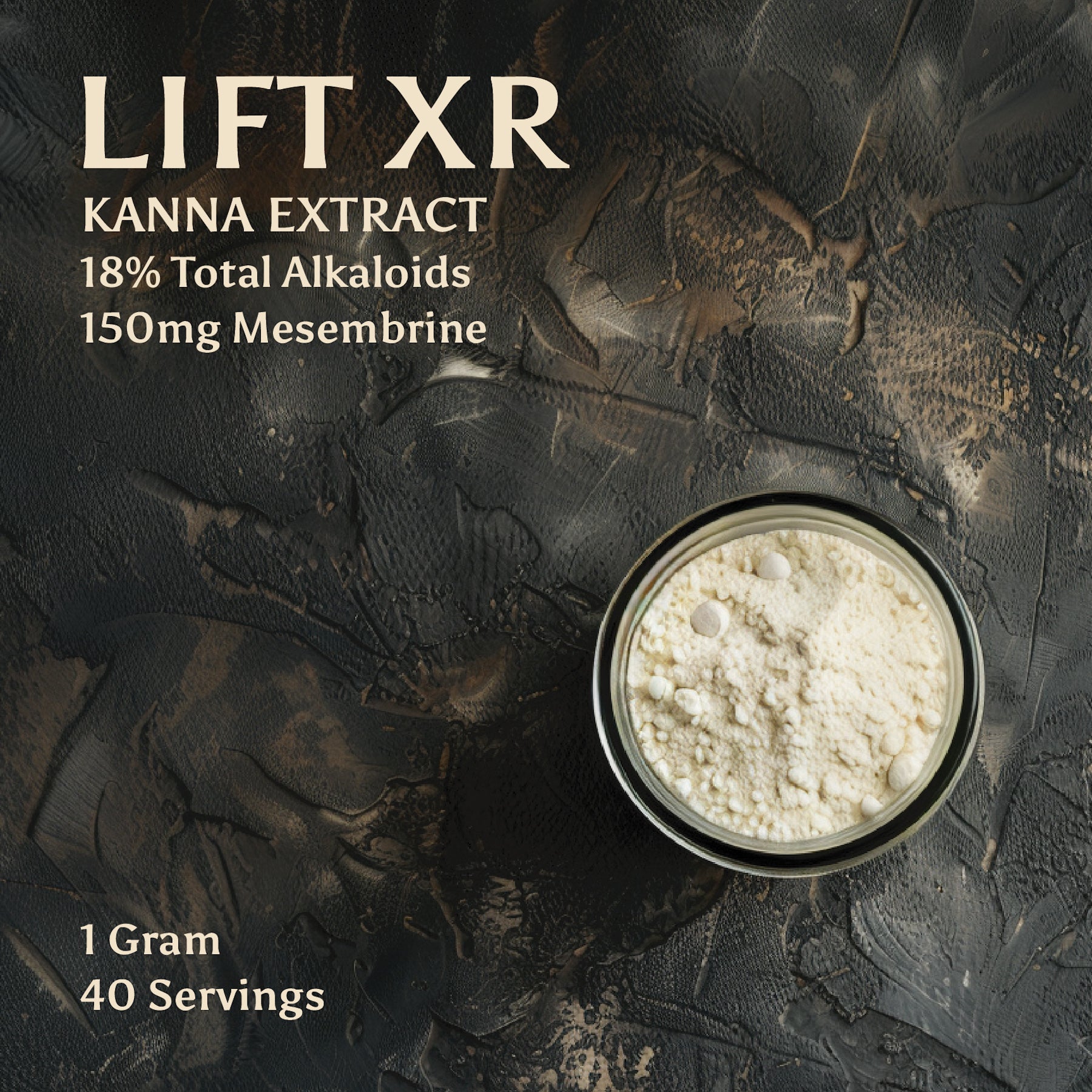 An image of 1 gram of white LIFT XR powder made from organic sceletium tortuosum by Kanna Extract Company. Text reads 40 servings of organic Kanna Extract, 18% total alkaloids and 150mg Mesembrine available to purchase bulk, retail or wholesale.