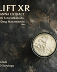 An image of 1 gram of white LIFT XR powder made from organic sceletium tortuosum by Kanna Extract Company. Text reads 40 servings of organic Kanna Extract, 18% total alkaloids and 150mg Mesembrine available to purchase bulk, retail or wholesale.