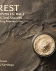 An image of 1 gram of Rest Kanna Extract powder on a brown stone background made from pure Sceletium tortuosum, ethically cultivated in South Africa by Kanna Extract Company. Text reads 5% total alkaloids, 25mg Mesembrine and pricing for ordering wholesale or bulk Kanna Extracts.