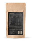 Back view of BLISS Kanna Chocolate pouch by Kanna Extract Co., listing ingredients: Organic Cacao Beans, Organic Cane Sugar, Organic Cocoa Butter, and Kanna (Sceletium tortuosum). Supplement facts, serving size, and usage guidelines provided. Each piece contains 25mg BLISS Kanna Extract. Ideal for bulk and wholesale orders.