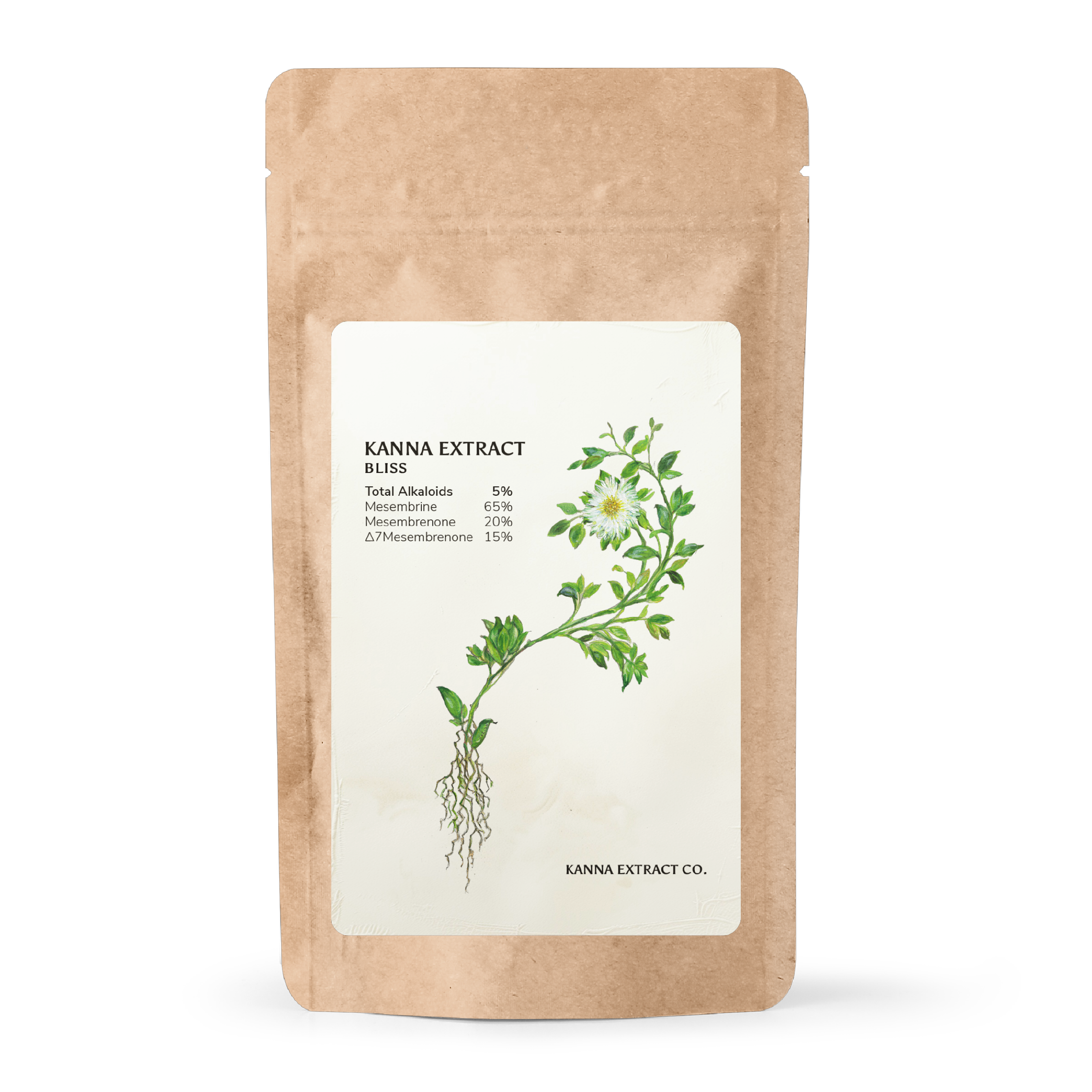 Bliss Kanna Extract pouch front side with mesembrine content breakdown and sceletium tortuosum botanical illustration