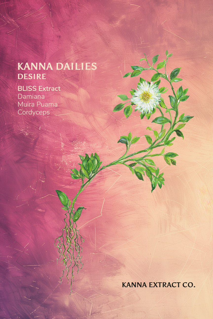 An image of the front package label for Kanna Extract Company’s Desire Kanna Dailies made from Organic Sceletium tortuosum, Damiana, Muria Puama and Cordyceps. Desire Dailies include ethically cultivated Bliss Extract, available for bulk or wholesale.