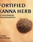 A small pile of kanna (sceletium tortuosum) on a textured surface. The kanna herb contains 3% total alkaloids, 120mg of mesembrine, weighs 4 grams total, and contains 200 servings.