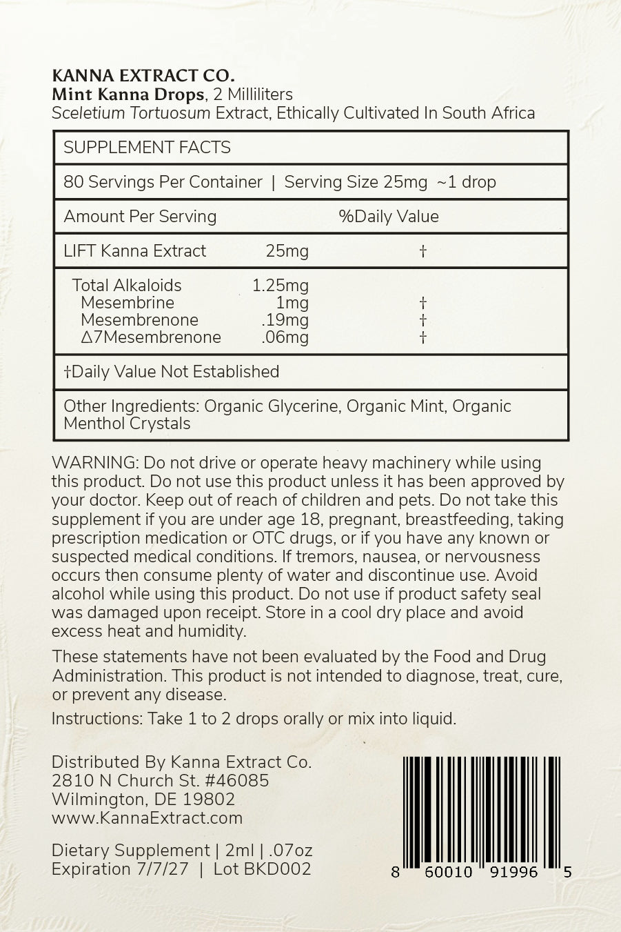 Back of Mint Kanna Drops label by Kanna Extract Co., detailing supplement facts, ingredients, and usage instructions. Contains 2ml of Sceletium tortuosum (kanna) extract with natural mint flavor in a 5ml dropper bottle. Bulk and wholesale options available.