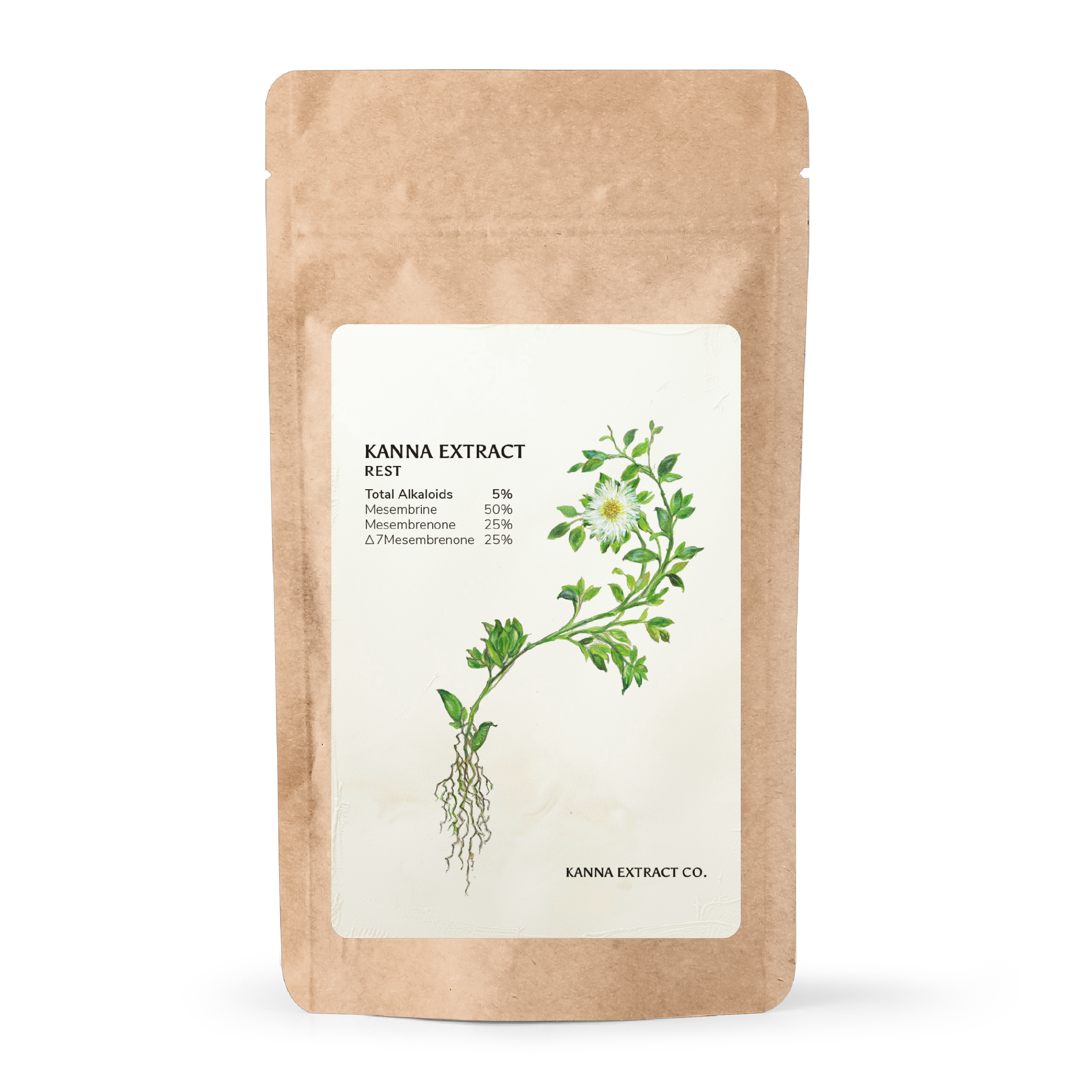 Front view of REST Kanna Extract by Kanna Extract Co. – A premium extract powder standardized to 5% total alkaloids, designed to promote relaxation and restful sleep. Available for bulk and wholesale purchasing.