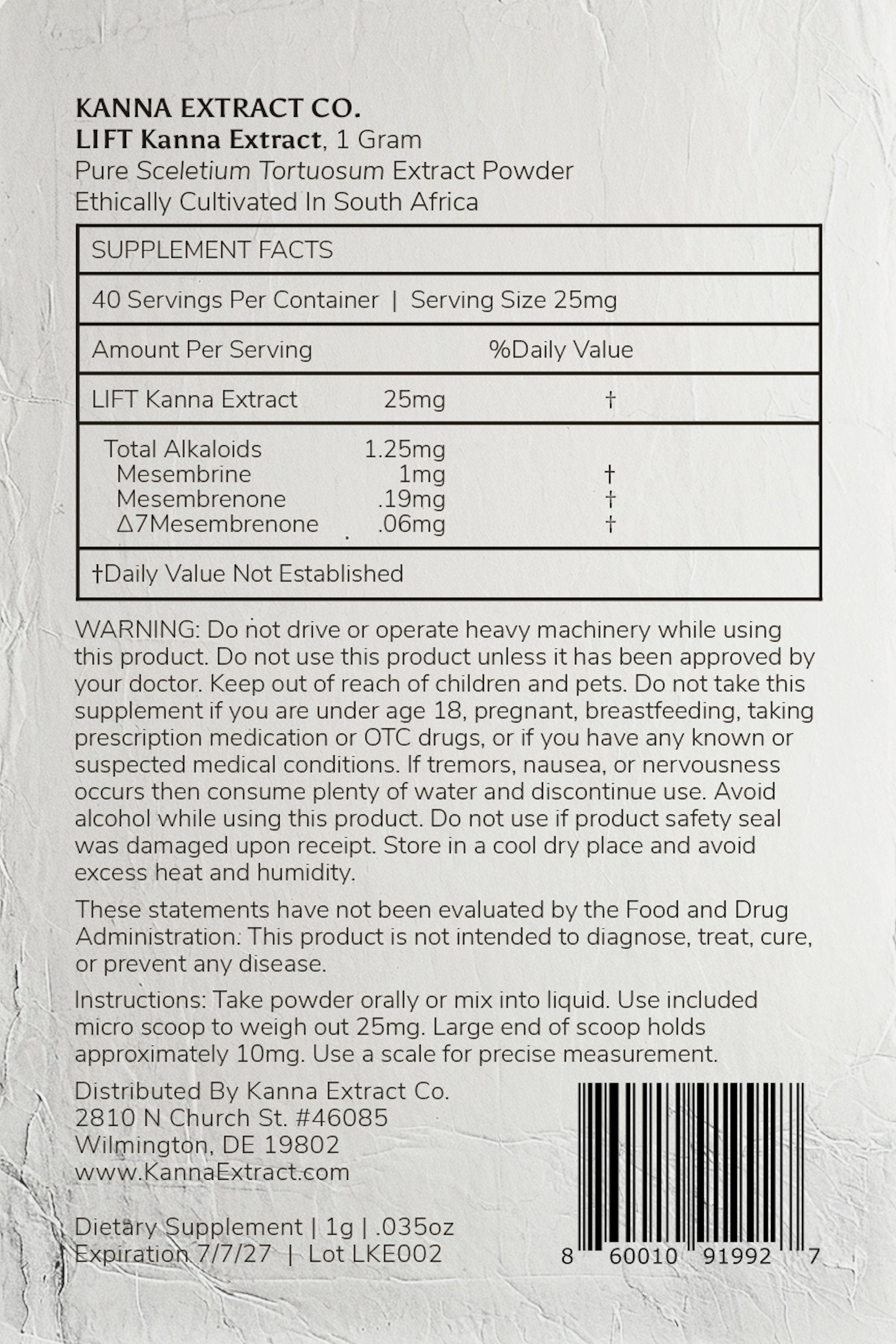 An image of the back label for the kanna extract company lift kanna extract powder 1 gram made from pure sceletium tortuosum ethically cultivated in South Africa. The label provides the mesembrine alkaloid quantities, instructions, warnings, bulk wholesale pricing for organic kanna extract.