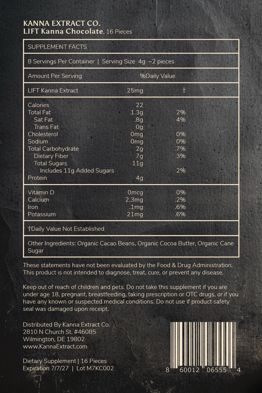 The back package label for Kanna Extract Company’s organic Lift Kanna Chocolate with 16 pieces included. Text states the supplement facts, ingredients, warnings and pricing to purchase organic Sceletium Tortuosum retail, bulk or wholesale.
