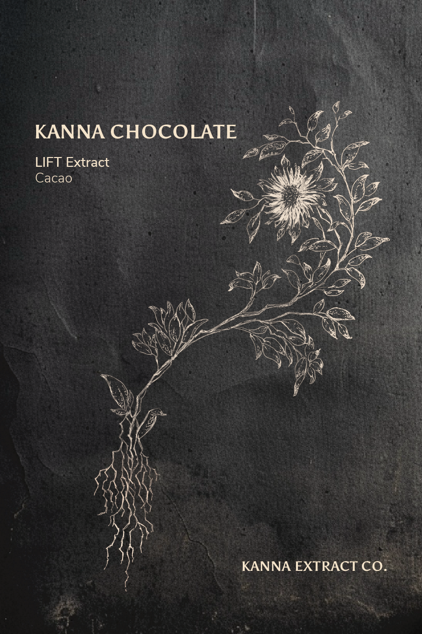 An image of the front package label for Kanna Extract Company’s Lift Kanna Chocolate made from organic Sceletium tortuosum and organic Cacao available for bulk purchasing or wholesale.