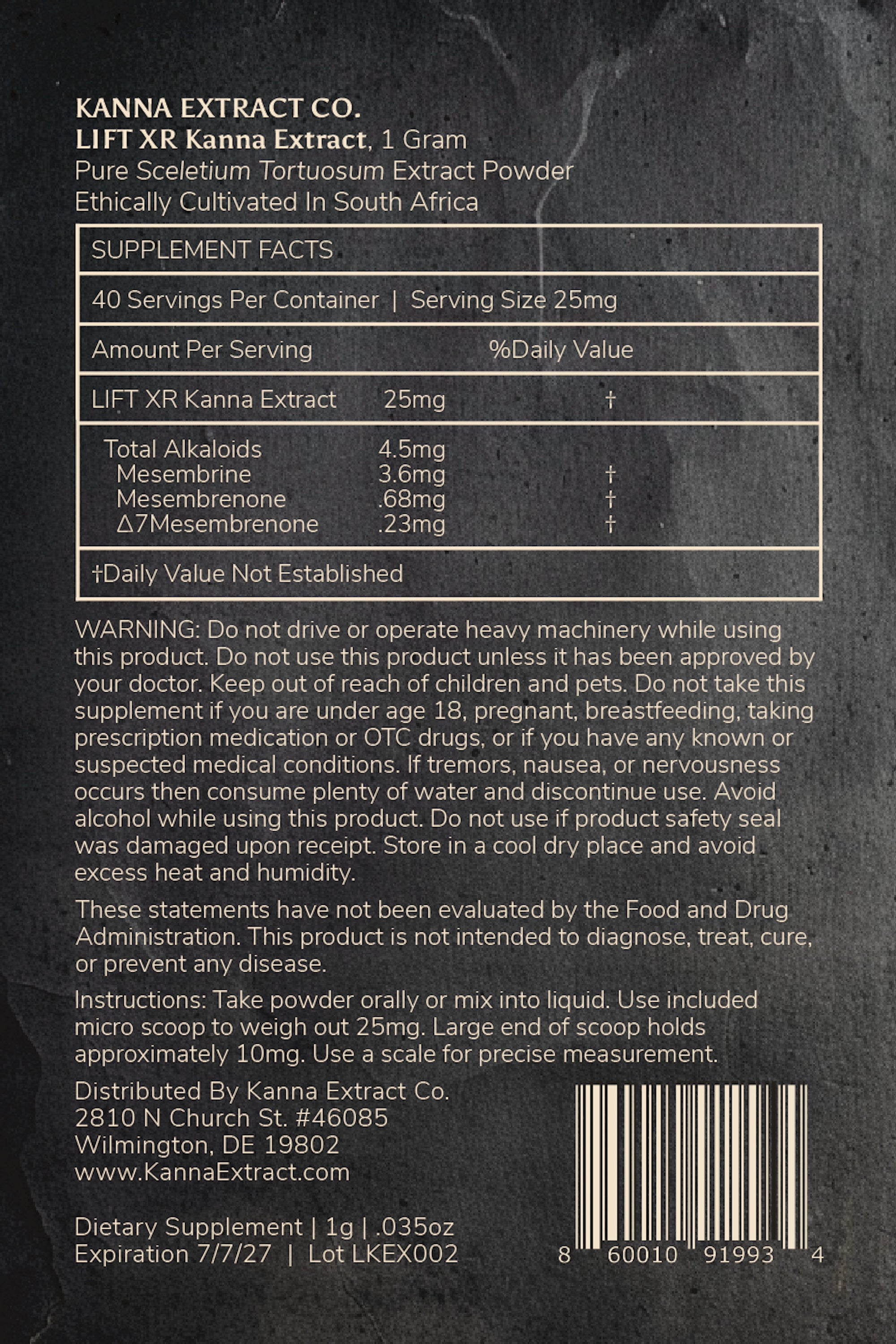 An image of Kanna Extract Company’s LIFT XR pure Kanna Extract back package label. The label states supplement facts, 40 servings per container, alkaloid content, warnings, bulk and wholesale pricing sheets and instructions.