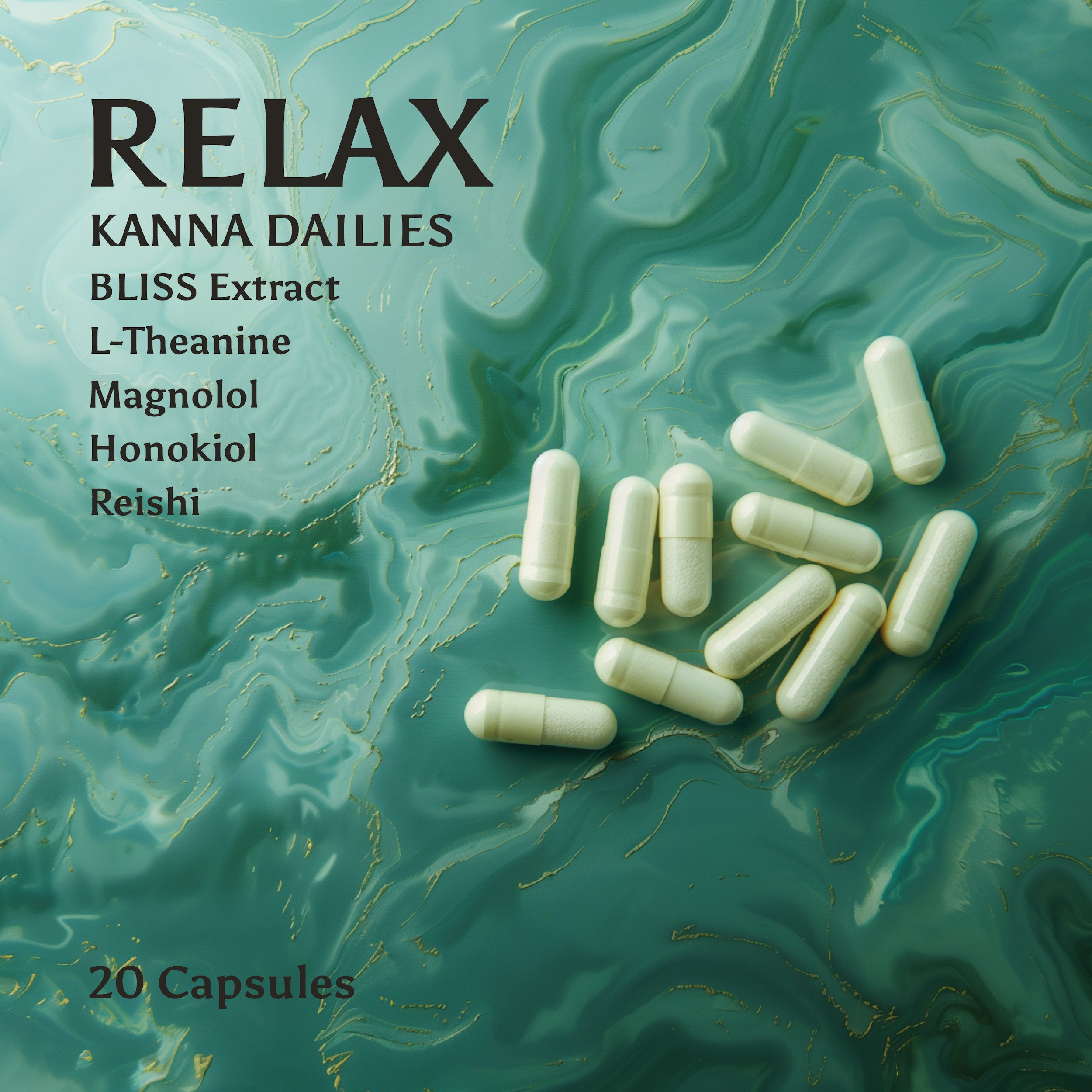 An image of 20 Relax Kanna Daily capsules on a turquoise and gold abstract background. Text reads ingredients are pure Bliss sceletium tortuosum extract, L-Theanine, Magnolol, Honokiol, and organic Reishi made by Kanna Extract Company for retail, wholesale or bulk purchasing.