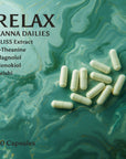 An image of 20 Relax Kanna Daily capsules on a turquoise and gold abstract background. Text reads ingredients are pure Bliss sceletium tortuosum extract, L-Theanine, Magnolol, Honokiol, and organic Reishi made by Kanna Extract Company for retail, wholesale or bulk purchasing.