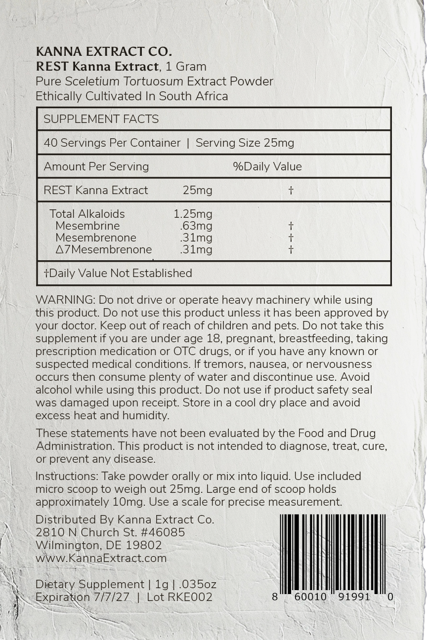 Rest Kanna Extract’s back package label made by Kanna Extract Company from 1 gram of pure and organic Sceletium tortuosum. Text states 40 servings per container, supplement facts, ingredients, instructions, warnings and offers bulk or wholesale prices.