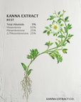 The front package label of organic Rest Kanna Extract made from pure Sceletium tortuosum by Kanna Extract Co.. Text reads total alkaloids 5%, Mesembrine 50%, Mesembrenone 25%, Delta7 Mesembrenone 25% and states prices to purchase bulk or wholesale.