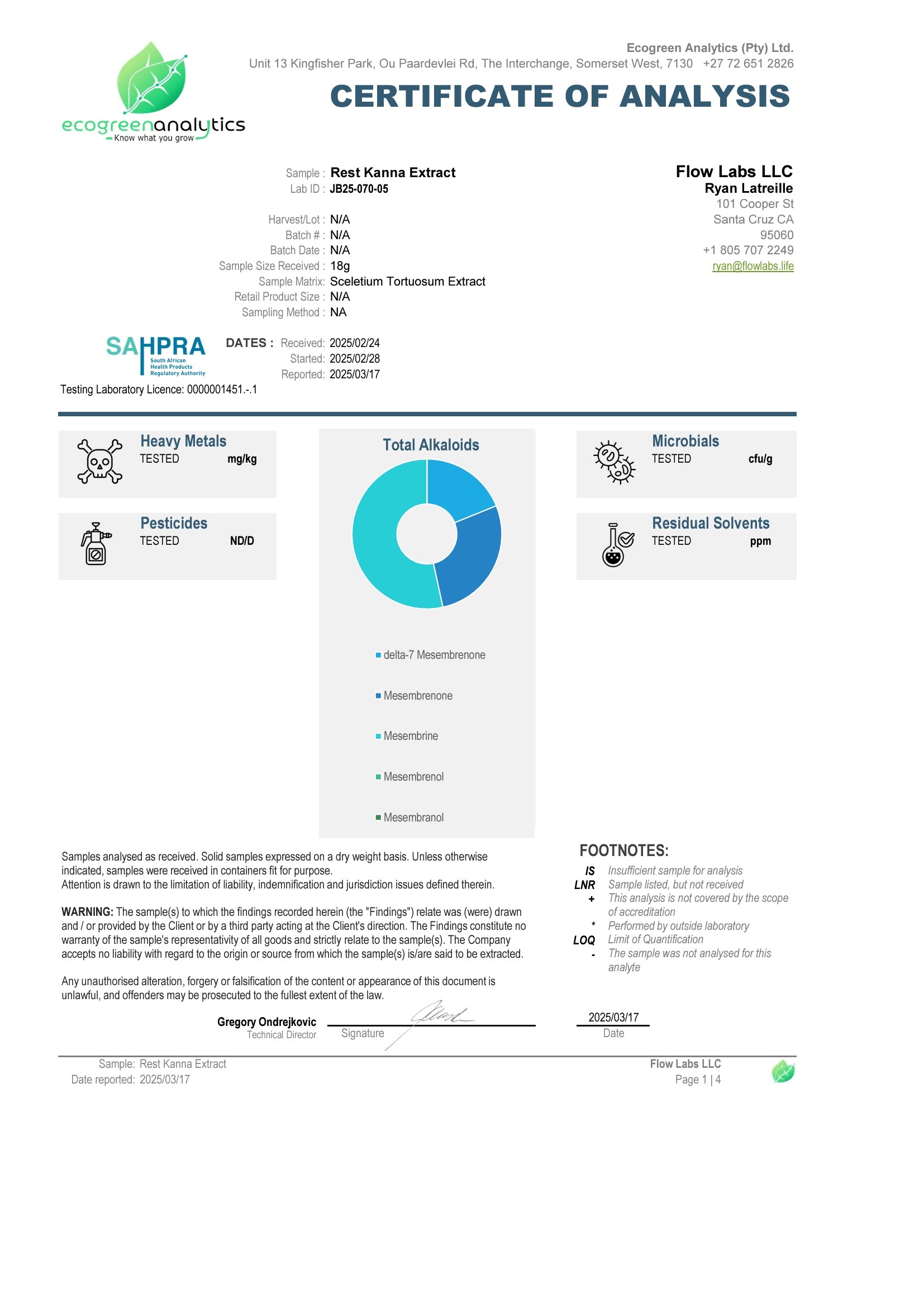 Certificate of Analysis for Rest Kanna Extract highlighting total alkaloid composition including mesembrine, mesembrenone, and delta-7 mesembrenone. Lab-tested and verified free of pesticides, heavy metals, and microbial contaminants. Sceletium tortuosum extract analyzed for quality and purity.
