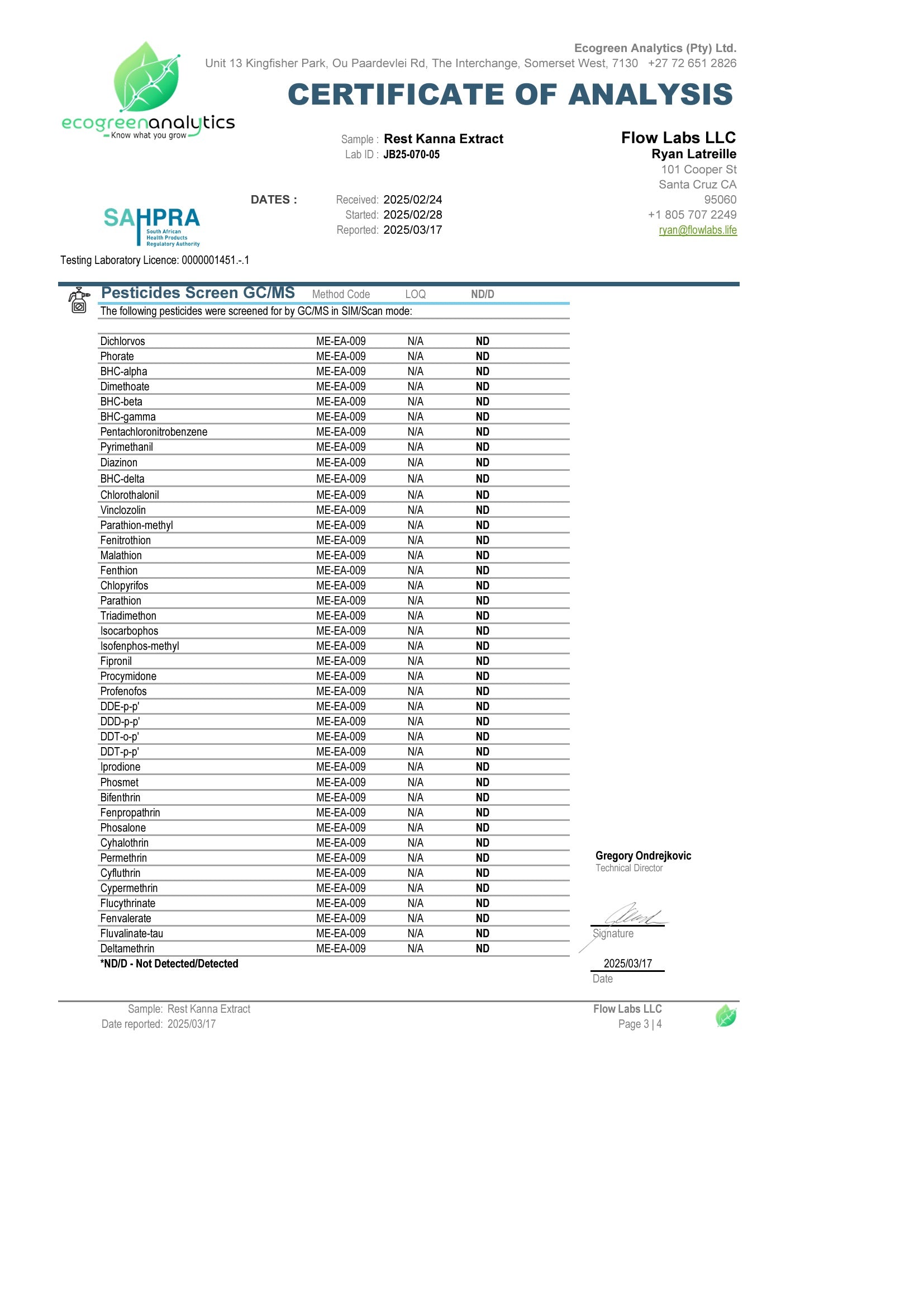 Gas chromatography-mass spectrometry pesticide screen for Rest Kanna Extract. Over 40 pesticides tested with all results marked ND (Not Detected), confirming chemical-free cultivation and clean extraction methods. Certified safe for consumer use.