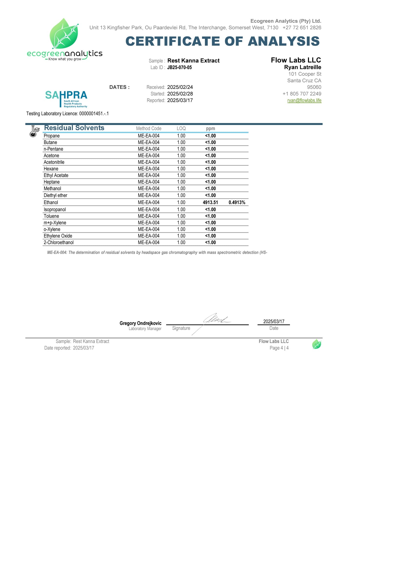 Rest Kanna Extract residual solvent report showing all solvents including ethanol, methanol, butane, acetone, and hexane tested below 1.00 ppm, with ethanol at 0.4913%. Verified safe by headspace gas chromatography. Third-party lab certified kanna extract for purity and compliance.