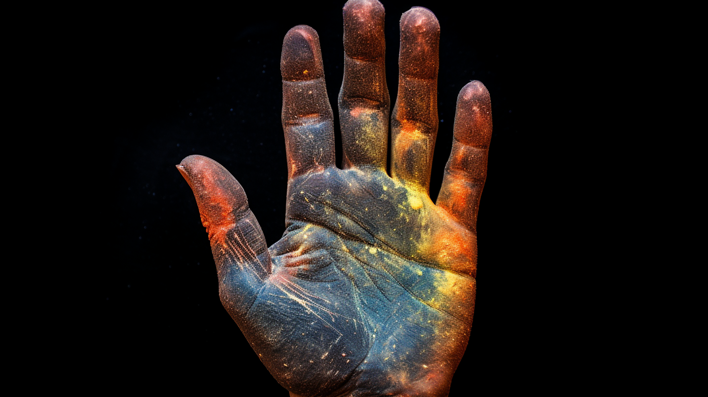 San shaman hand covered in paint to illustrate cave paintings - A reflection of ancient San shamanic practices featuring the potent Kanna plant and spiritual Eland in Southern Africa's prehistoric cave art.