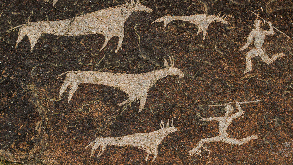 San cave painting in south africa depicting ceremonial hunt on kanna