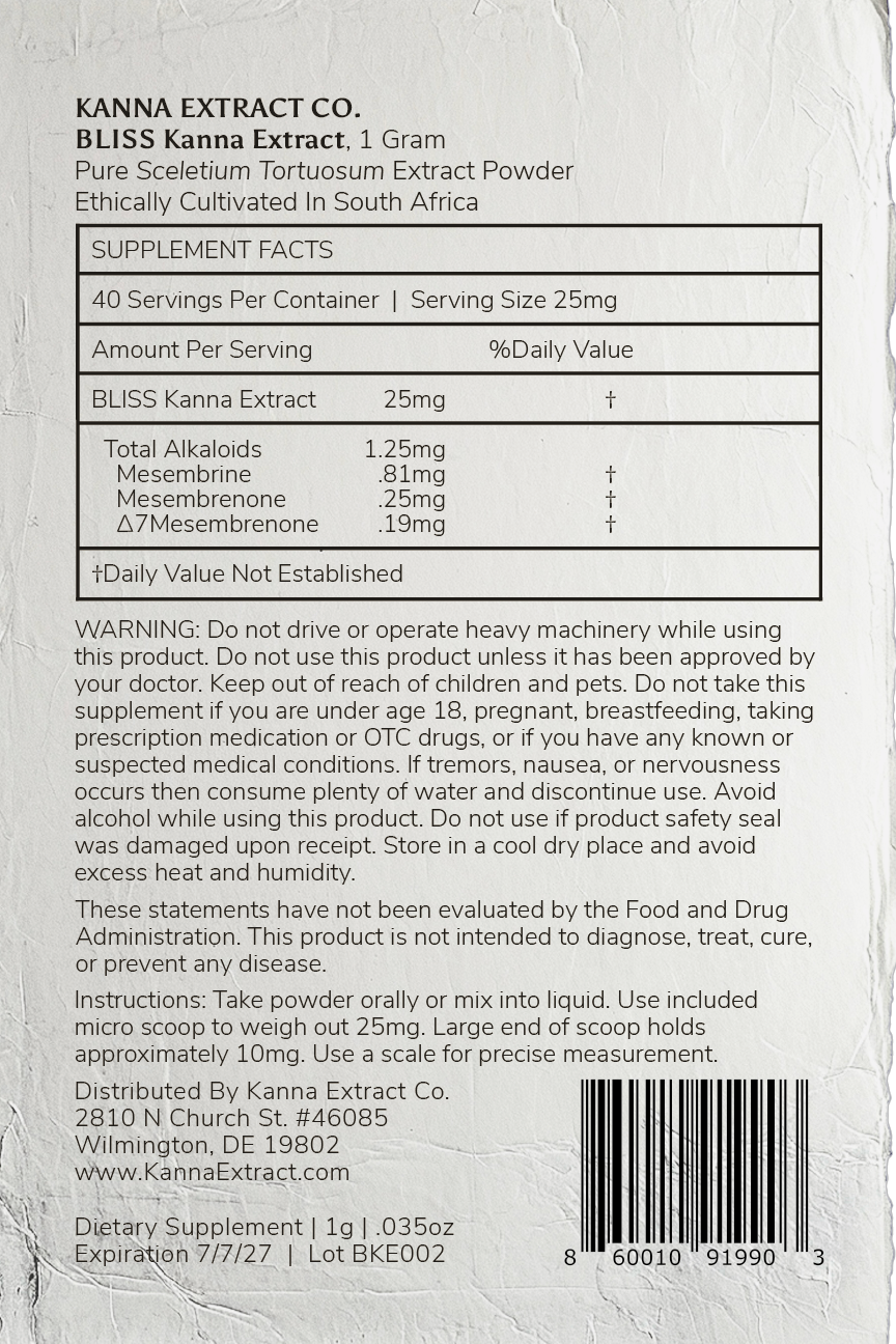 An image of the back label for the kanna extract company BLISS  kanna extract powder 1 gram made from pure sceletium tortuosum ethically cultivated in South Africa. The label provides the mesembrine alkaloid quantities, instructions, warnings, bulk wholesale pricing for organic kanna extract.