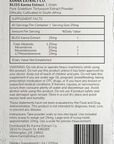 An image of the back label for the kanna extract company BLISS  kanna extract powder 1 gram made from pure sceletium tortuosum ethically cultivated in South Africa. The label provides the mesembrine alkaloid quantities, instructions, warnings, bulk wholesale pricing for organic kanna extract.