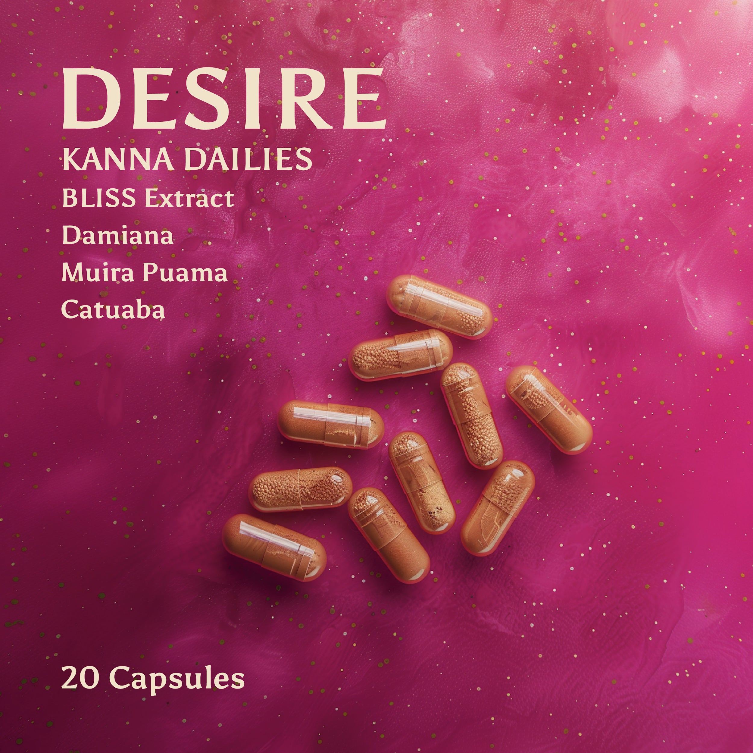 An image of Kanna Extract Company’s earth toned Desire daily capsules on a vibrant pink background with text reading the capsules are filled with organic Kanna (sceletium tortuosum), Damiana, Muria Puama and Catuaba, including 20 capsules by Kanna Extract Co. available for bulk or wholesale orders. 
