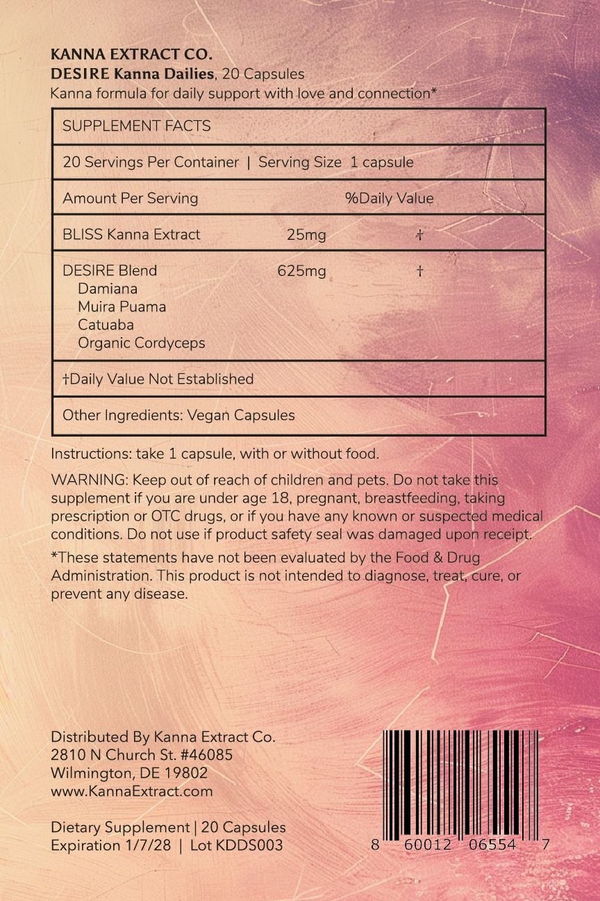 The back package label for Desire Kanna Dailies ethically cultivated in South Africa by Kanna Extract Company to support love and connection. The label reads 20 Capsules per container, serving size of 1 capsule, ingredients, instructions, warnings and bulk retail pricing for organic Sceletium tortuosum.