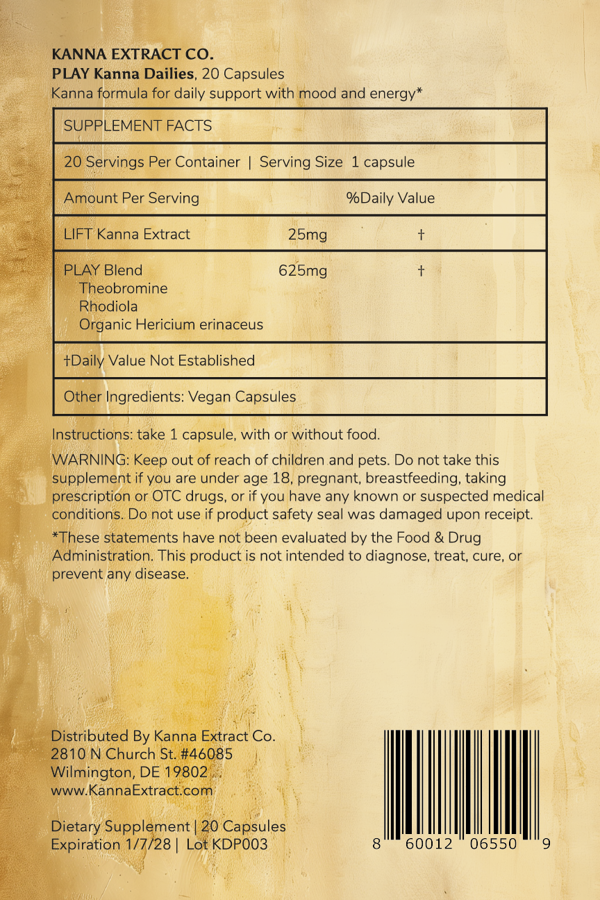 Back of PLAY Kanna Dailies label by Kanna Extract Co., listing supplement facts, ingredients, and usage. Formula includes 25mg LIFT Kanna Extract (Sceletium tortuosum), Rhodiola, Theobromine, and Organic Lion’s Mane Extract. Bulk and wholesale options available.