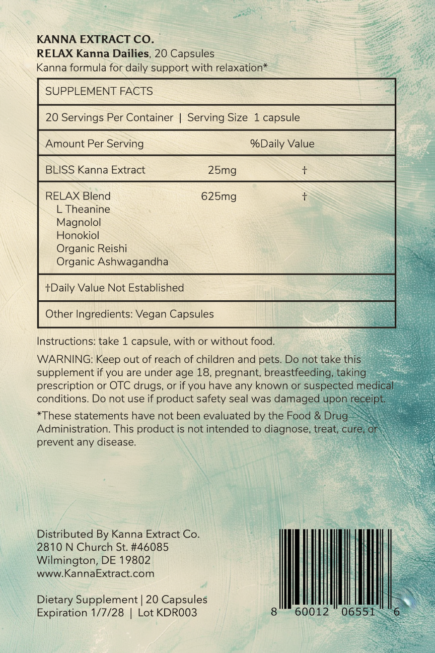 An image of the back package label for Kanna Extract Company’s Relax Kanna Dailies made from organic Sceletium tortuosum and formulated to support relaxation. Text reads 20 capsules per container, supplement facts, ingredients including organic Ashwagandha, warnings, instructions and pricing for pure Kanna available bulk or wholesale.