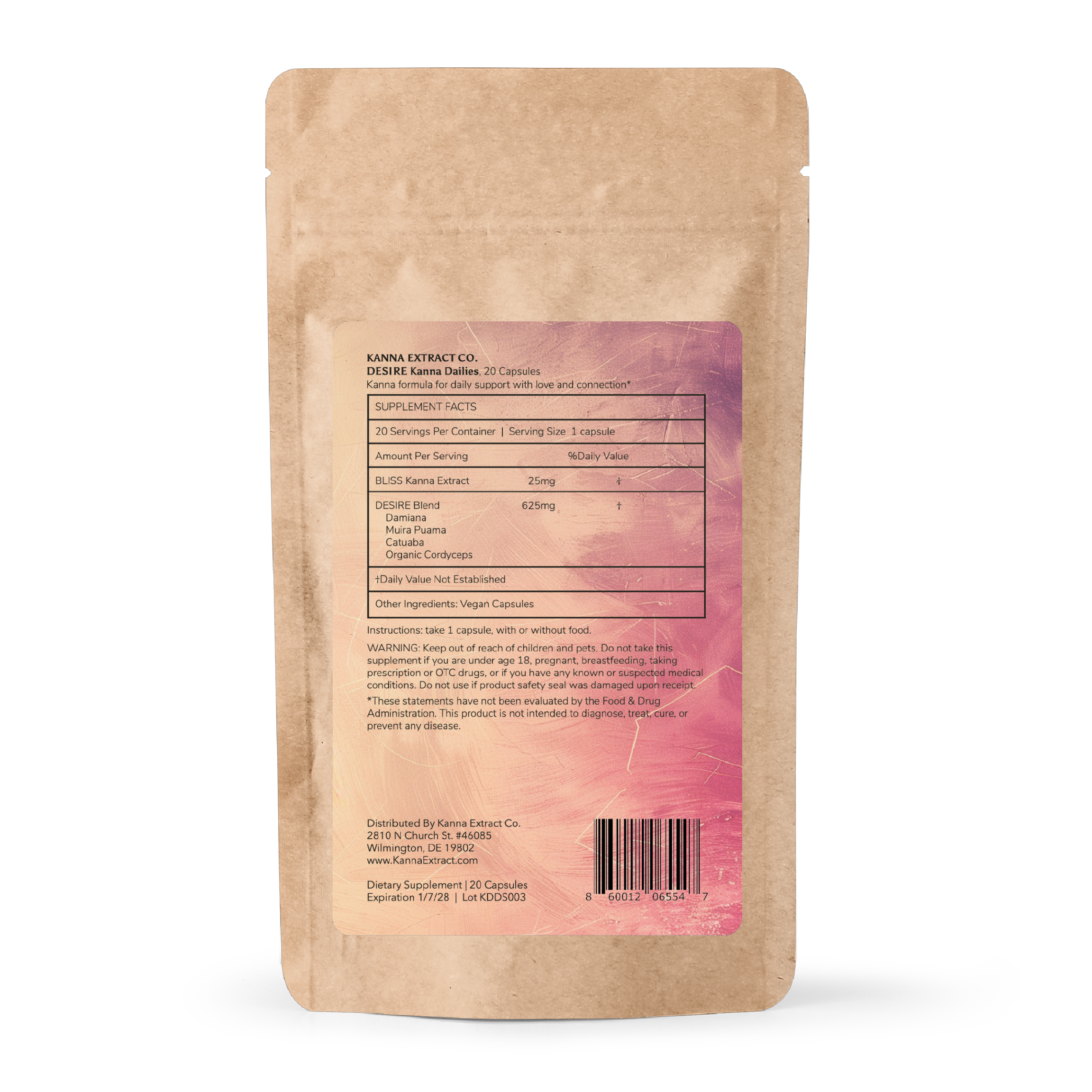 Kanna Extract Co.'s DESIRE Kanna Dailies back pouch highlights its passion-enhancing blend: 25mg BLISS Kanna Extract (Sceletium tortuosum), plus 625mg of Damiana, Catuaba, Muira Puama, and Organic Cordyceps Extract. Available for bulk and wholesale purchasing.