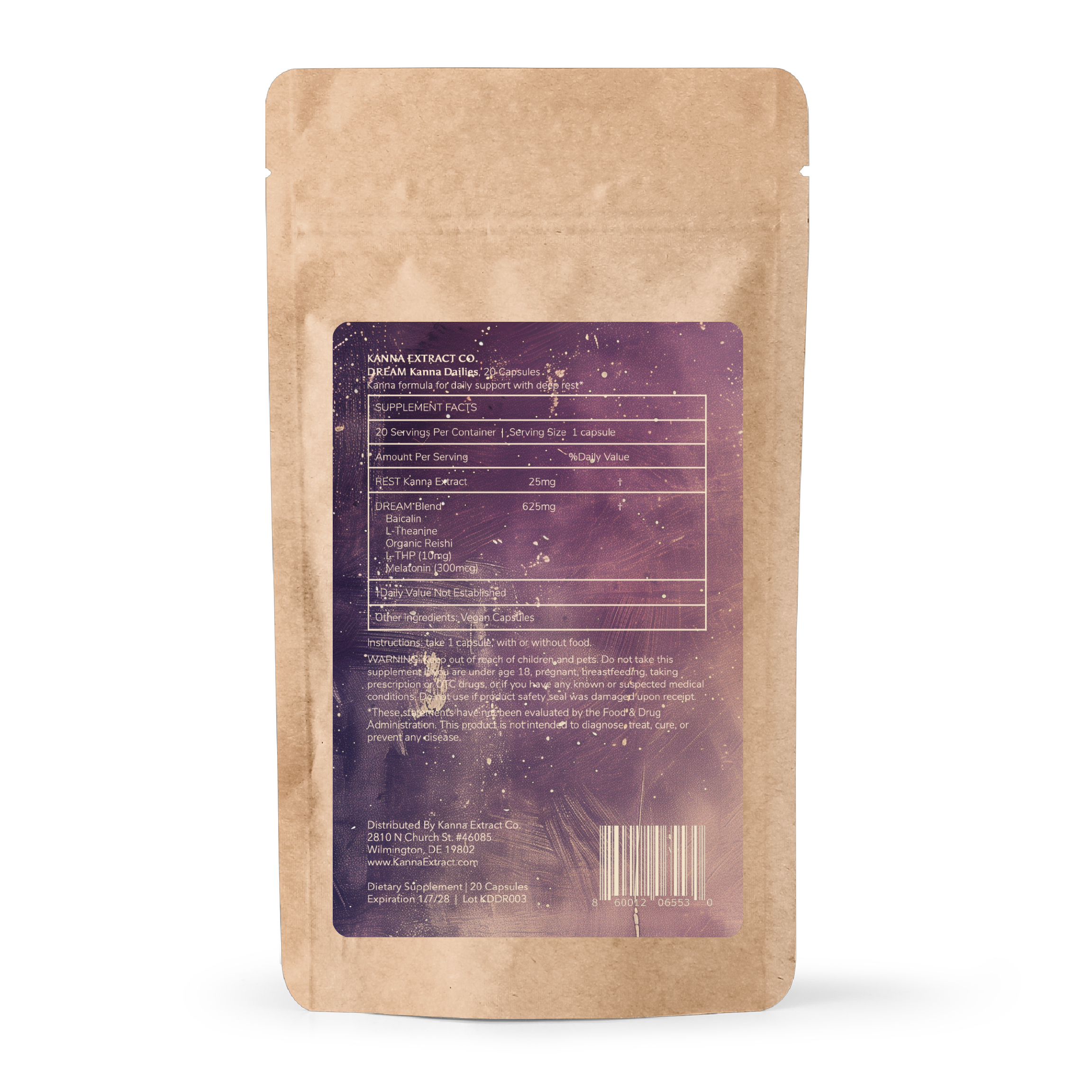 Made by Kanna Extract Co., the DREAM Kanna Dailies back pouch highlights its sleep-enhancing formula: 25mg REST Kanna Extract (Sceletium tortuosum) combined with Valerian Root, Passionflower, and Organic Reishi Extract. Perfect for deep relaxation. Bulk and wholesale orders available.