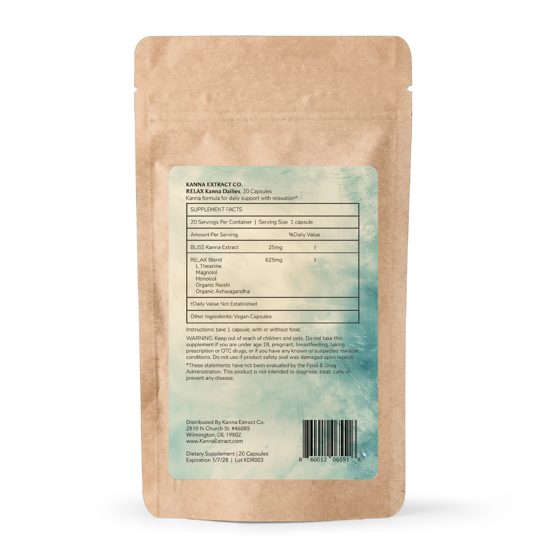 Kanna Extract Co.'s RELAX Kanna Dailies formula, shown on the back of the pouch, features 25mg BLISS Kanna Extract (Sceletium tortuosum), plus a potent blend of L-Theanine, Magnolol, Honokiol, Organic Ashwagandha, and Organic Reishi Extract. Available for wholesale and bulk orders.