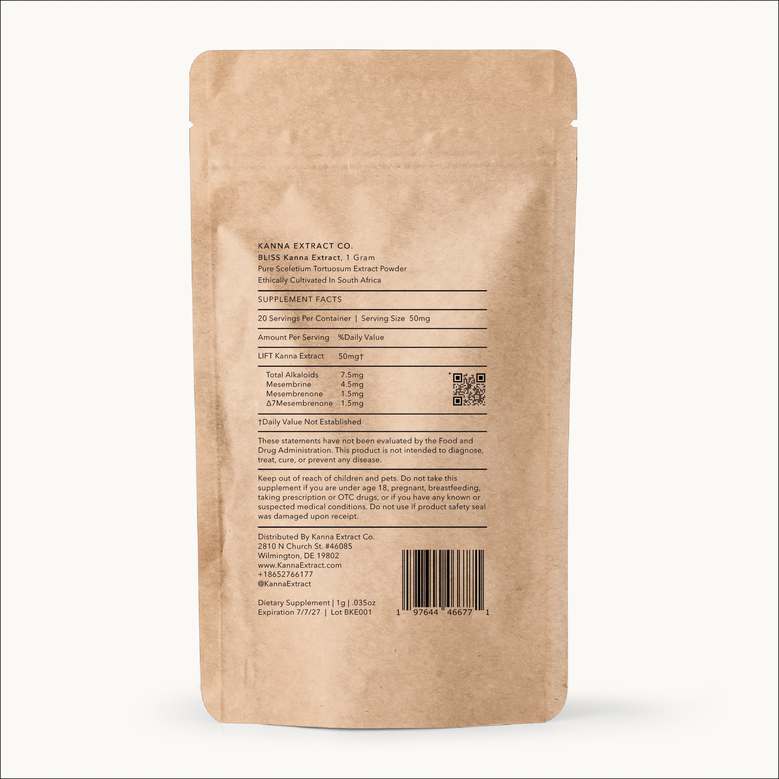 Kanna Extract Co BLISS Kanna Extract front Packaging describing mesembrine alkaloid content grown from DV17 high alkaloid sceletium tortuosum genetics ethically cultivated in South Africa for wholesale bulk b2b kanna extract
