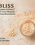 Kanna Extract Company BLISS sceletium tortuosum extract powder on earth tone background with text reading relax, melt and feel blissful, 15% total alkaloids 8% mesembrine, contains x40 25mg servings
