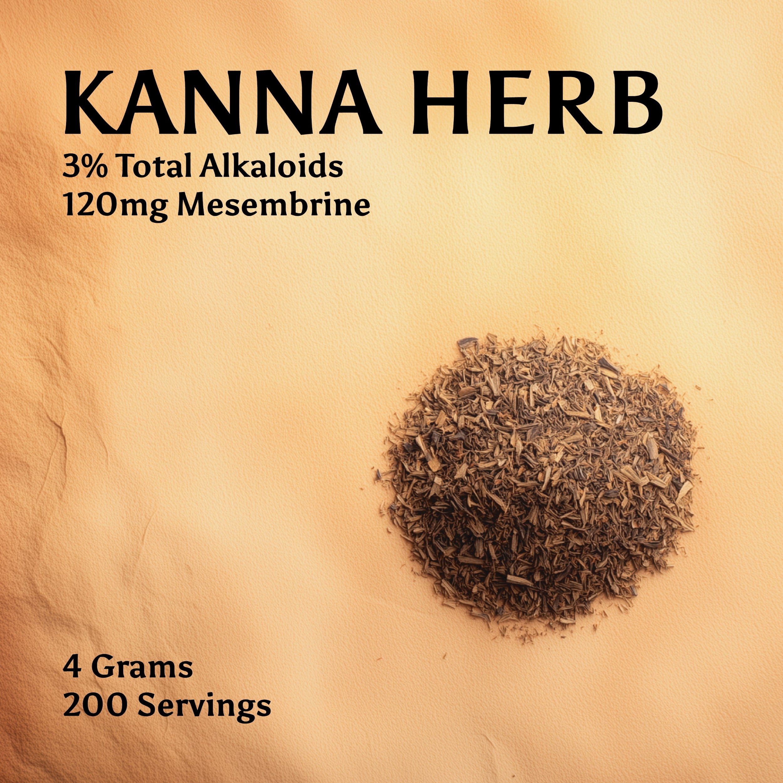 A small pile of kanna (sceletium tortuosum) on a textured surface. The kanna herb contains 3% total alkaloids, 120mg of mesembrine, weighs 4 grams total, and contains 200 servings.