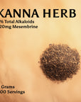 A small pile of kanna (sceletium tortuosum) on a textured surface. The kanna herb contains 3% total alkaloids, 120mg of mesembrine, weighs 4 grams total, and contains 200 servings.