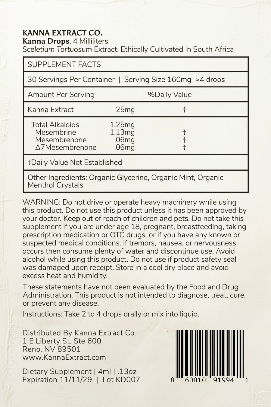 Back of Mint Kanna Drops label by Kanna Extract Co., detailing supplement facts, ingredients, and usage instructions. Contains 2ml of Sceletium tortuosum (kanna) extract with natural mint flavor in a 5ml dropper bottle. Bulk and wholesale options available.