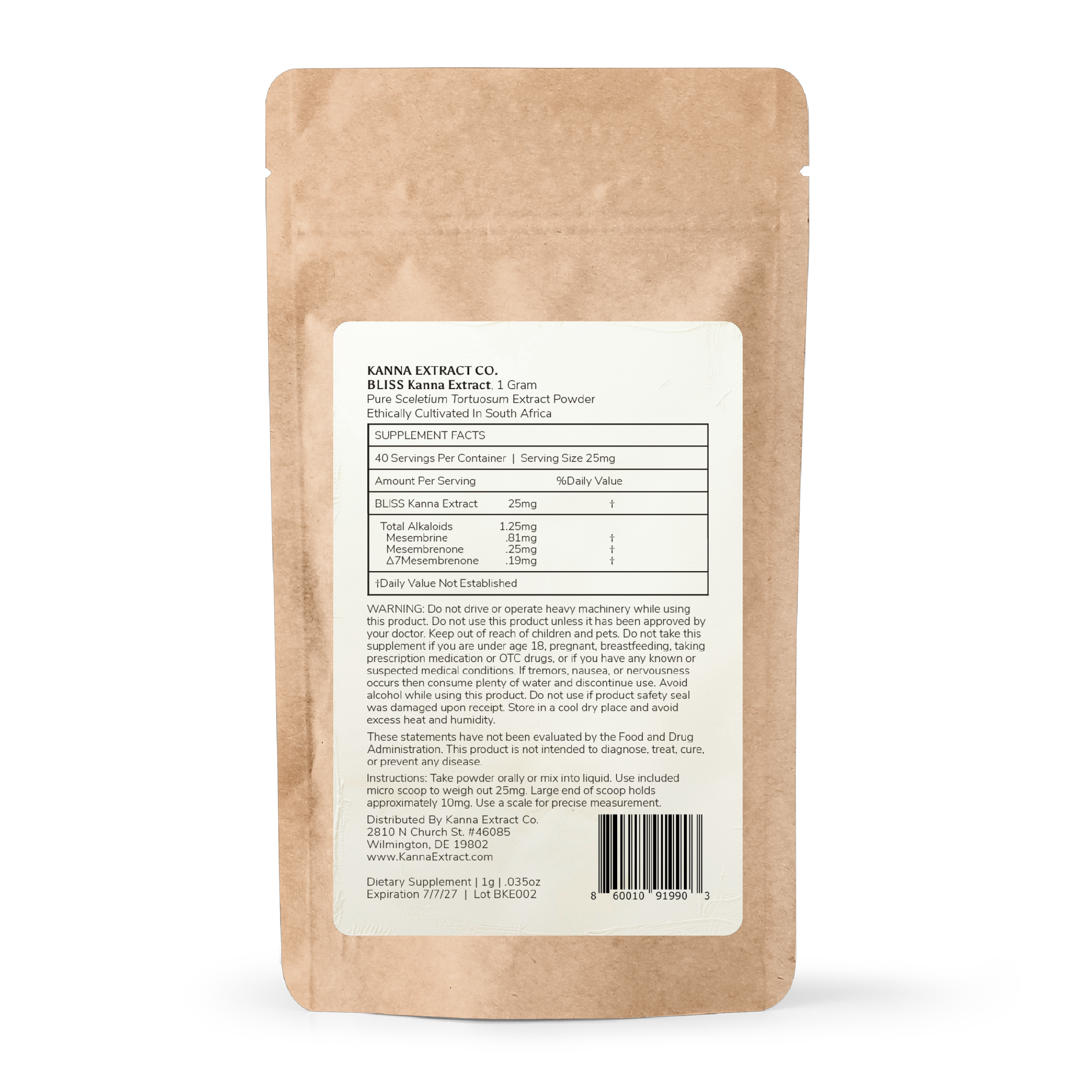 Back of Bliss Kanna Extract pouch with supplement facts, dosage, and usage warnings