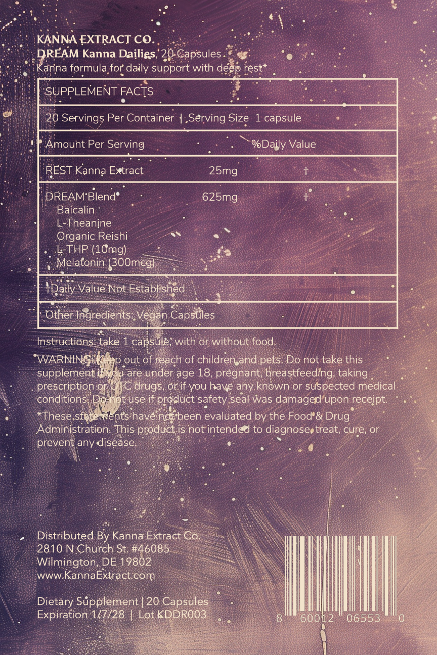 An image of the back package label for organic Dream Kanna Dailies sold by Kanna Extract Company. Text reads organic Sceletium tortuosum formula for deep rest with a serving size of 1 capsule, ingredients including 300 mcg of Melatonin and 10mg of L-THP, instructions, warnings and pricing sheets for bulk and wholesale orders. 