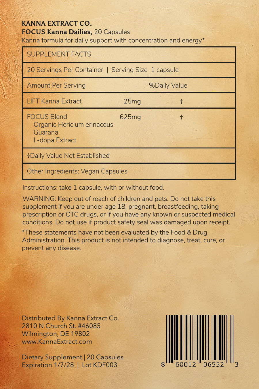 FOCUS Kanna Dailies supplement facts label showing 25mg LIFT Kanna Extract + 625mg FOCUS Blend