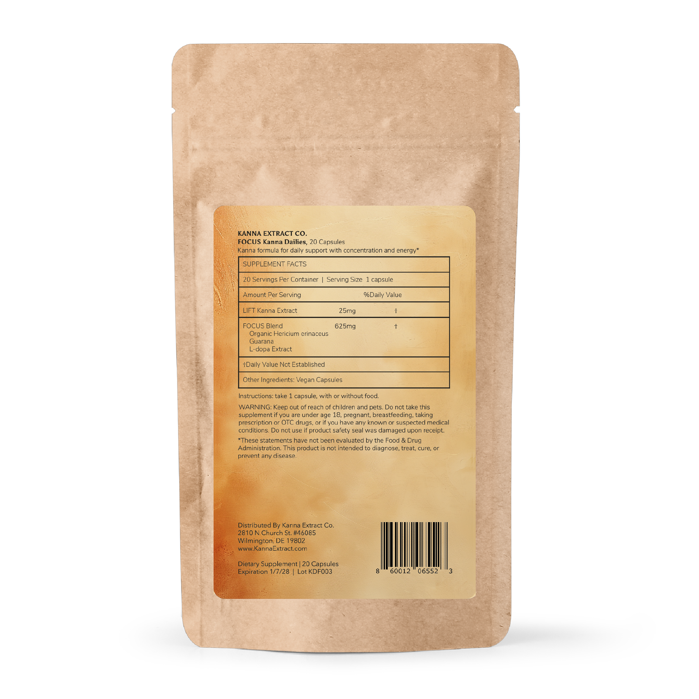 FOCUS Kanna Dailies 20-capsule kraft pouch back with full supplement facts, ingredients, and directions – premium kanna focus supplement